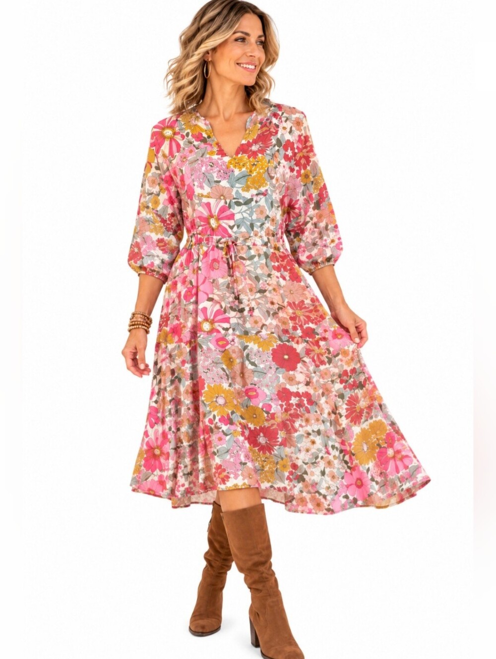 Entro Floral Maxi Dress Women Medium Boho Cottagecore 3/4 Sleeve V Neck Lined